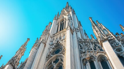 The architectural beauty of a Gothic-style tower with intricate spires