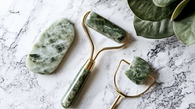 Elegant jade roller and gua sha tool set on marble surface, perfect for facial massage and skincare routine.