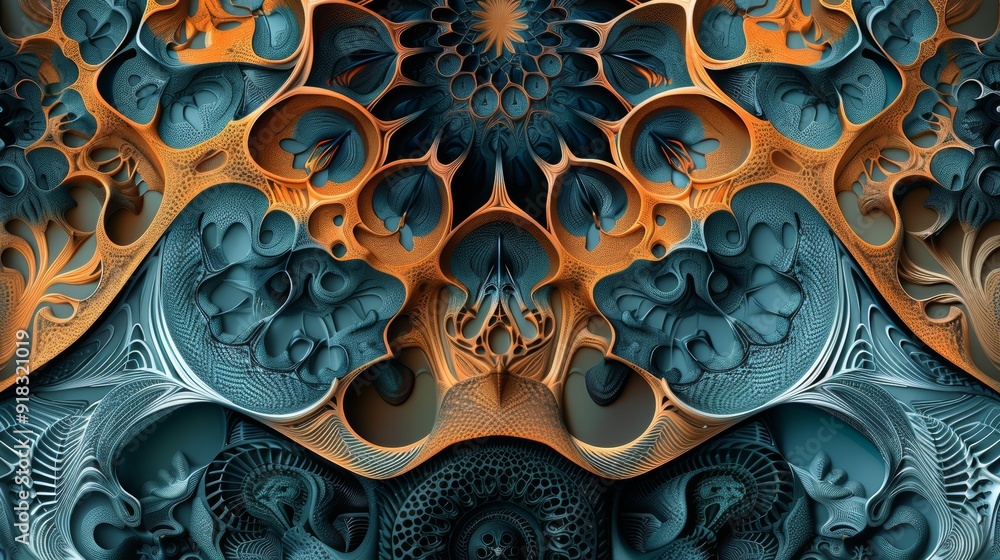 Poster intricate abstract fractal design with blue and orange tones showcasing swirling patterns
