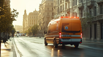 Fototapeta premium Modern Ambulance Racing Down City Street - Rear View