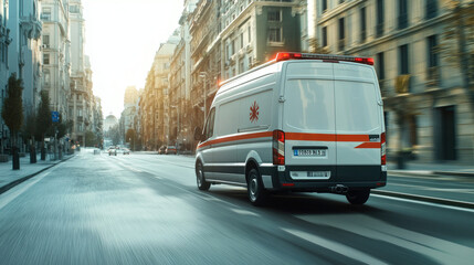 Modern Ambulance Racing Down City Street - Rear View