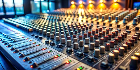Close-up of an Audio Mixing Console, with Knobs and Faders, Music Production, Studio Equipment, Sound Engineering. , audio, mixing