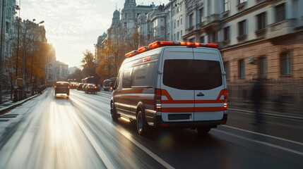 Modern Ambulance Racing Down City Street - Rear View