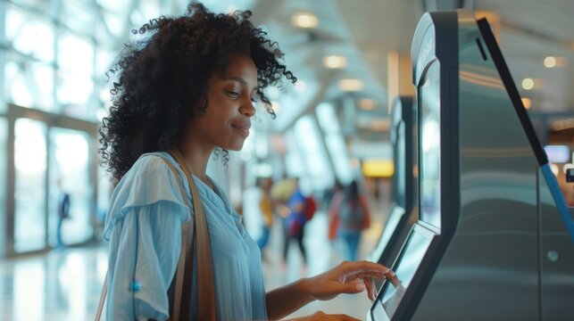 The traveler using airport kiosk
