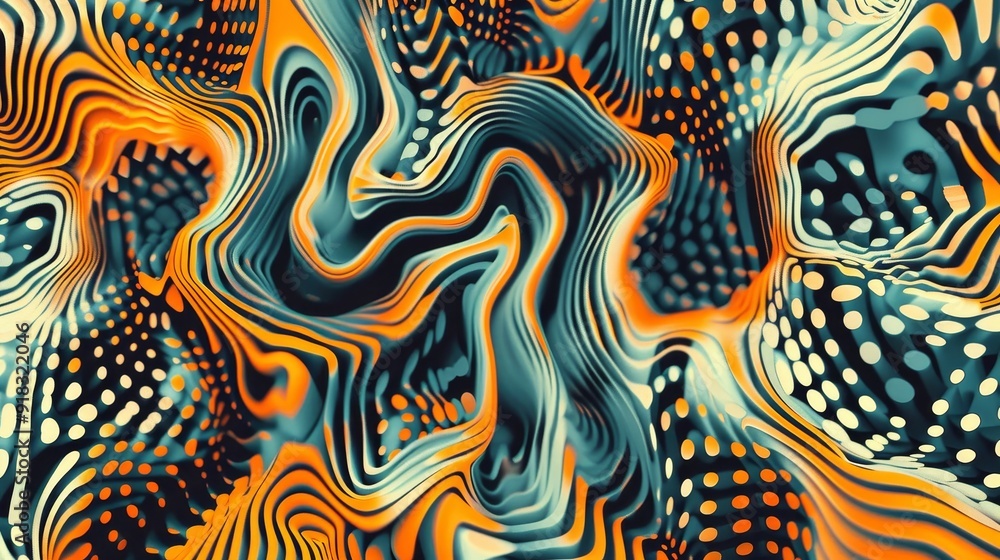Poster abstract swirling patterns in vibrant orange, black, and blue tones, creating a dynamic visual effec