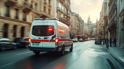 Obraz premium Modern Ambulance Racing Down City Street - Rear View