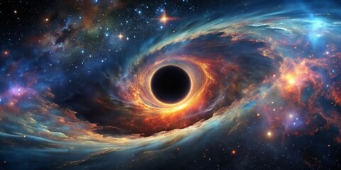 Cosmic Abyss A Digital Painting of a Black Hole Surrounded by Nebulae and Stars, black hole, nebulae, space, universe