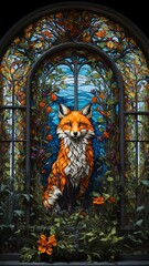 a big fox in stained glass window in the church