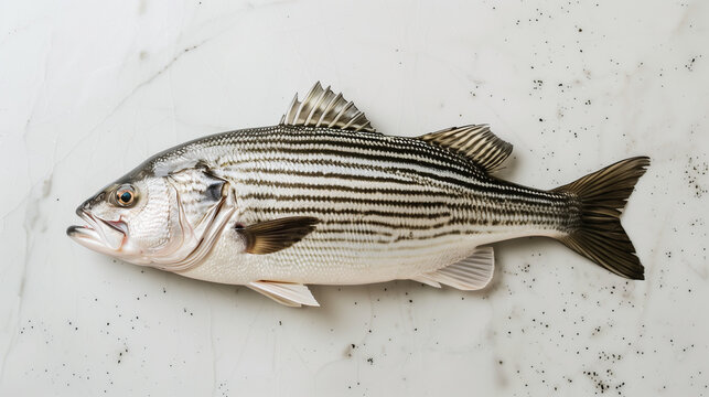 Fresh striped bass fish on a white surface