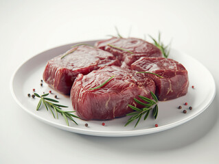 Fototapeta premium there are four pieces of meat on a plate with rosemary sprigs