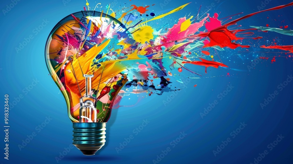 Poster creative colored light bulb explosion with shards and paint representing innovative ideas and new te