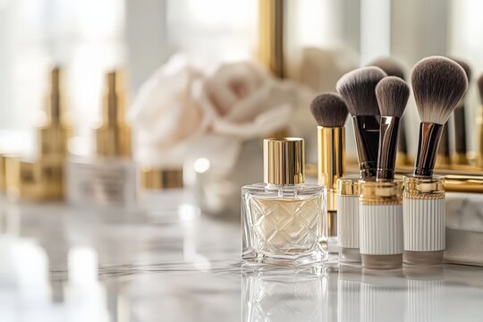 Elegant vanity table setup with makeup brushes, perfume, and beauty products. Luxurious cosmetics arrangement on a marble surface.