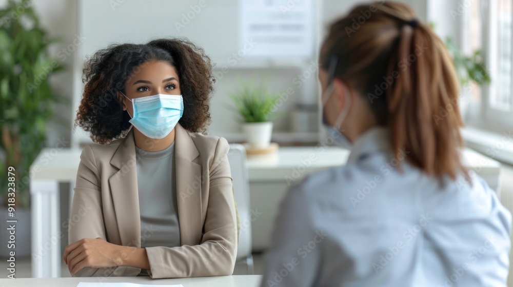 Poster interviewer and job seeker both wearing masks in a socially distanced interview.