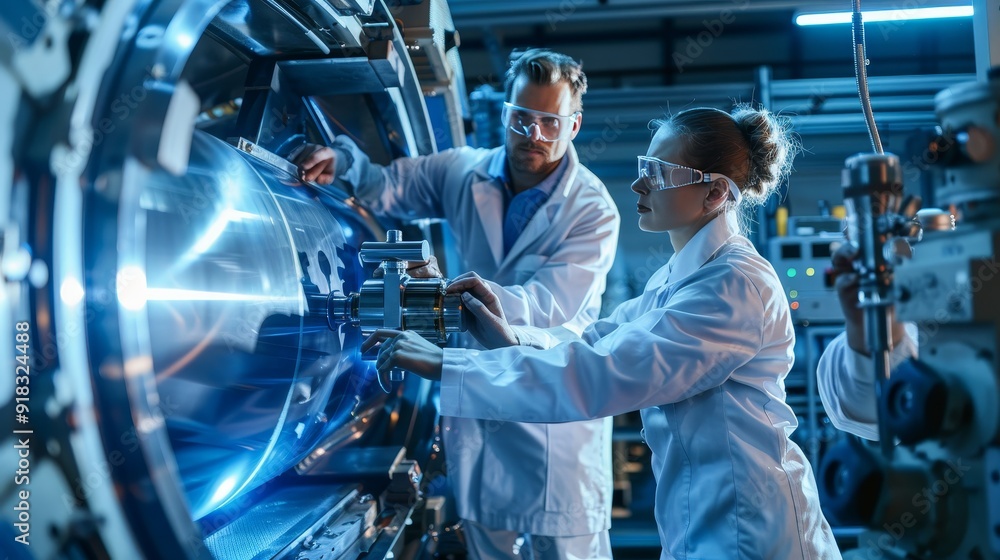 Poster scientists conducting experiments in a high-tech laboratory with advanced machinery in the backgroun