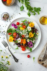 plate of salad with flowers on white table. Generative AI,