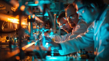 Researchers conducting experiments in a laboratory with advanced equipment during nighttime