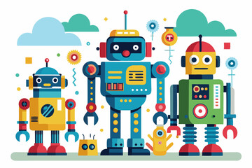 Colorful Robot Friends Standing Together in a Cartoon Landscape