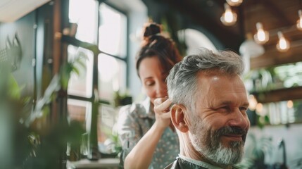Middle-aged client enjoying a haircut experience, with stylist providing expert care and attention.