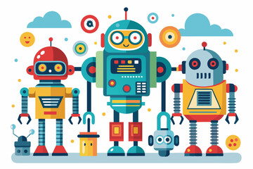 Three Friendly Robots Standing Together with Smiling Faces
