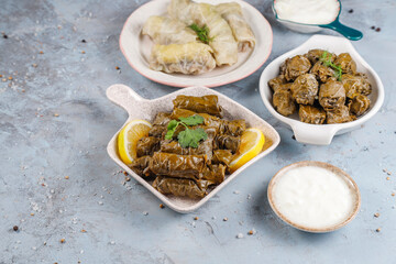 Delicious dolma (sarma) stuffed grape leaves rice.