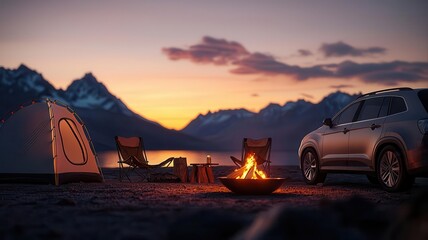Car parked at a remote campsite, with a firepit, camp chairs, and a tent, all bathed in the golden light of sunset, symbolizing the perfect end to a day of outdoor adventure