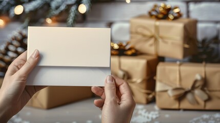 Obraz premium Hand Holding Blank Paper Card Mockup and Envelope Over Blurred Table Background with Christmas Gift Boxes and Sparkling Garland Lights for Festive Greeting Postcard or Invitation Template