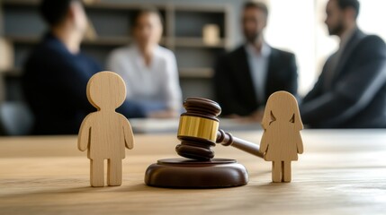 A family wooden figure and gavel on a judge's table in a courthouse during a court hearing. with a lawyer in the background. Family law concept, divorce lawyer, joint custody of child, and alimony.