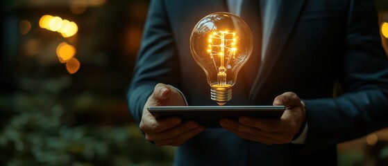 Successful business idea and creative innovation concept, close up business man holding lighting bulb and tablet with financial graph on table