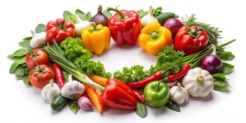 Fresh Veggie Circle Colorful Peppers, Garlic, and Greens, white background , food photography , healthy eating , organic vegetables