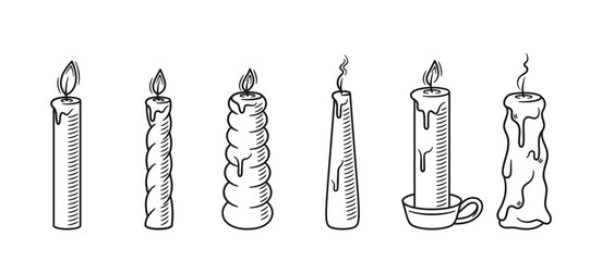 Collection Of Six Hand-drawn Candles, Each With A Unique Design And Shape. Vector Doodle Illustrations
