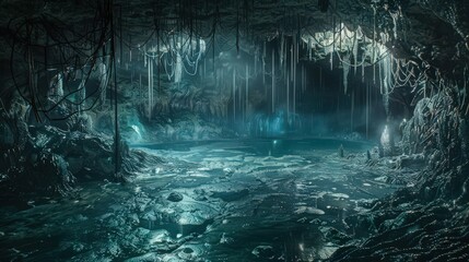 entrance is partially hidden behind a veil of cascading vines, leading to a dark