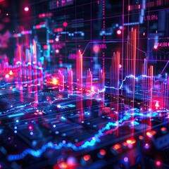 Vibrant digital graphs and charts representing financial data, with neon lights and futuristic elements in a high-tech setting.