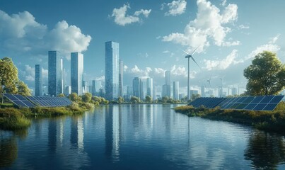 Naklejka premium Wind turbines and solar panels in a modern city, representing renewable energy