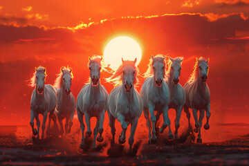 horses running in the sunset