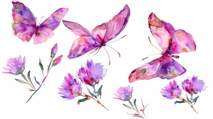 Pink Butterflies Vector Clipart Set Featuring Wildflowers and Herbs for Party Invitations, Birthday Celebrations, and Wedding Designs