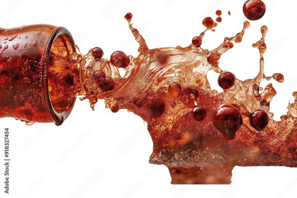 Poster close-up of a brown liquid splashing out of a bottle, creating a dynamic and abstract pattern.