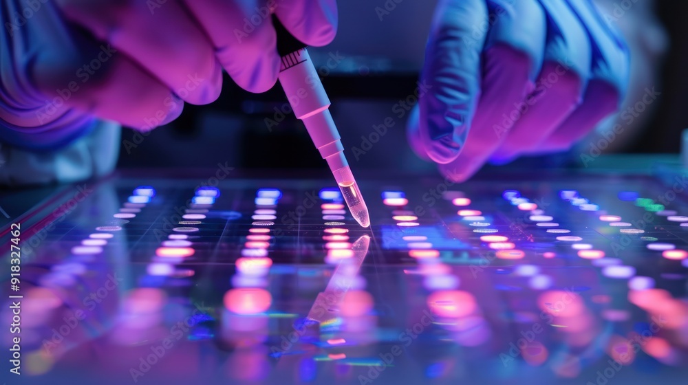 Aufkleber scientist analyzing dna samples under a microscope in a high-tech biotechnology lab.
