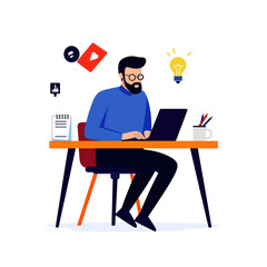 A man working on a laptop at a desk, surrounded by creative icons, representing digital innovation and productivity.