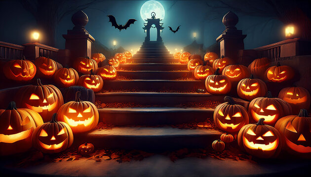  Jack-o'-Lanterns on Halloween Night- A spooky arrangement of jack-o'-lanterns on steps duri_1(209)