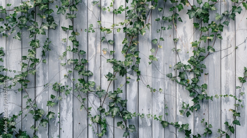 Sticker Close-up of a textured gray and white wooden wall with vines and green leaves, evoking freshness.