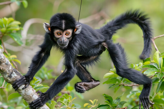 Black Spider Monkey swinging through the trees in the Amazon rainforest its long limbs and prehensile tail perfectly adapted for life in the canopy amidst the lush and diverse foliage
