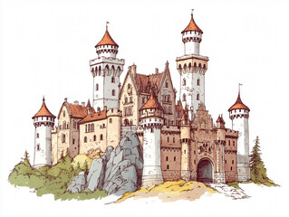 Fototapeta premium Illustration Medieval European Castle in a Historic City on isolated white background