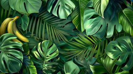Fototapeta premium Seamless Nature Photography of Lush Green Jungle Wall With Vibrant Tropical Leaves Background, Detailed and Fresh Greenery. Overflowing Abundance and Verdant Paradise of Botanical Greenery