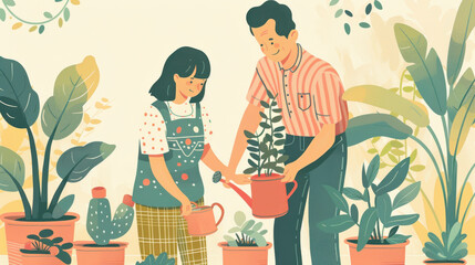 An Asian couple watering potted plants together