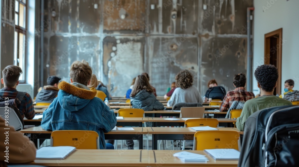 Poster university class with students taking an exam or test.
