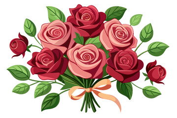 Fototapeta premium A Bouquet of Red and Pink Roses with Green Leaves and a Peach Ribbon