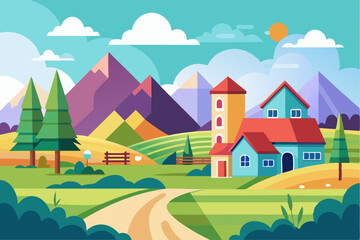 Fototapeta premium Colorful Cartoon Landscape with House and Mountains