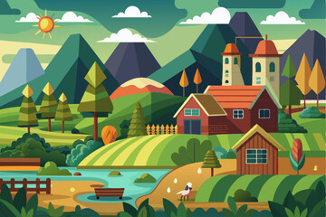 A Colorful Cartoon Landscape with a Farmhouse and Mountains in the Background