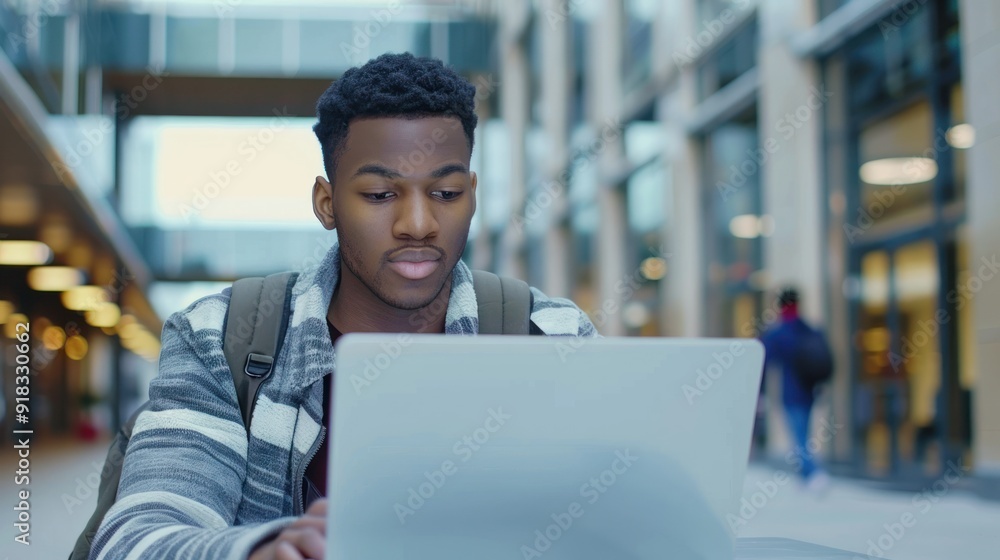 Poster university student using a laptop for online coursework and research.