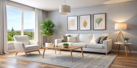 Fototapeta premium Modern Minimalist Living Room Interior Design with White Sofa and Wooden Accents, living room, interior design, contemporary, minimalist